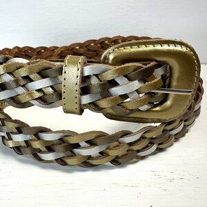 Woven Braided Leather Belt XXL Women’s Silver Gold Brown Medium Disco Retro